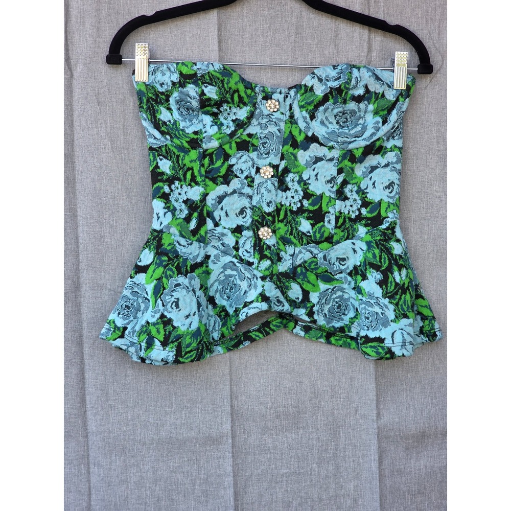 Zara Blue Green Floral Jacquard Corset Top Peplum Rhinestone Buttons Size M